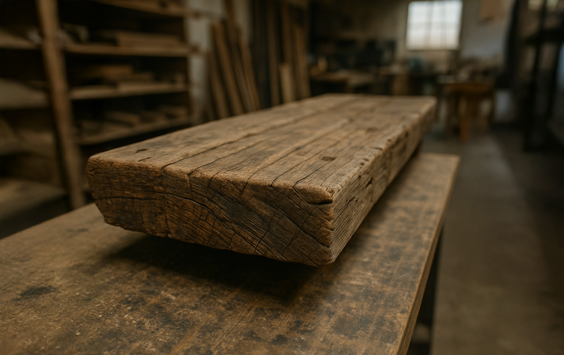 A piece of recycled wood in Cherish Tables' workshop.